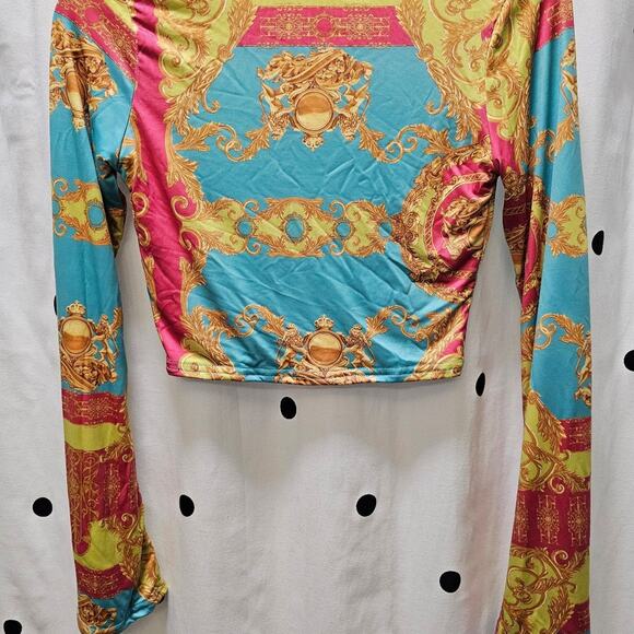 Public Desire colorful funky gold lion print long bell sleeve crop top size 8 - Picture 6 of 8